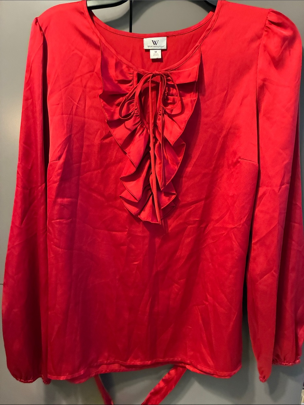 Worthington Women's Red Blouse - ruffle front, with waist tie.